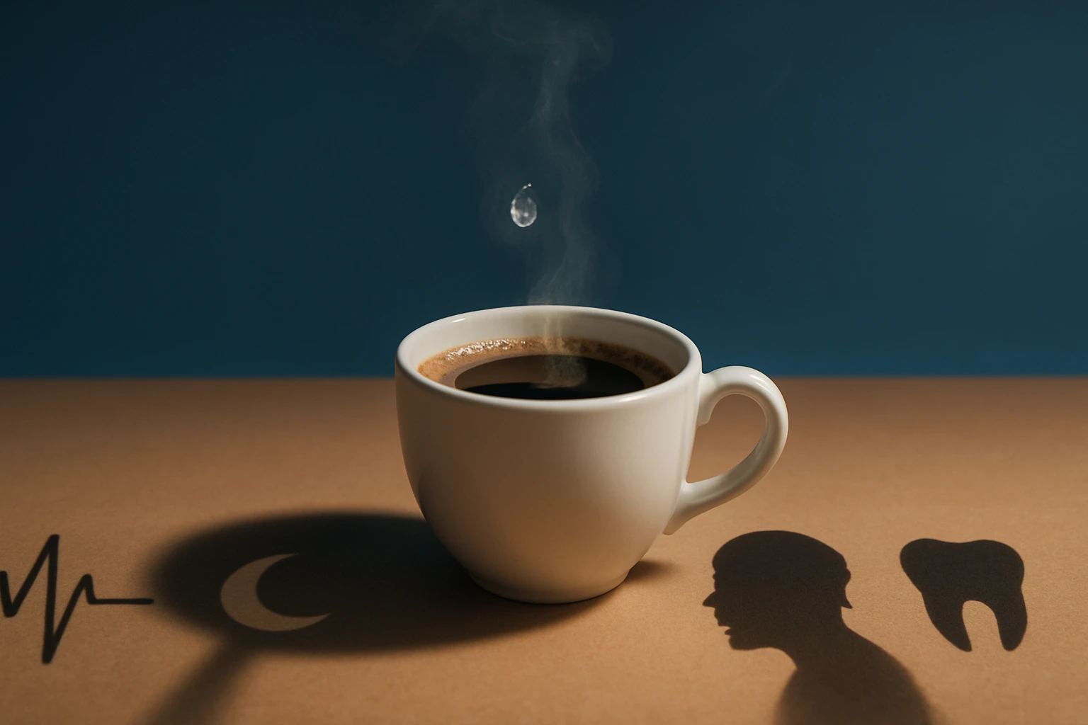 Egy gőzölgő kávéscsésze, mellette árnyékban egy fej és egy fog kontúrja látható.