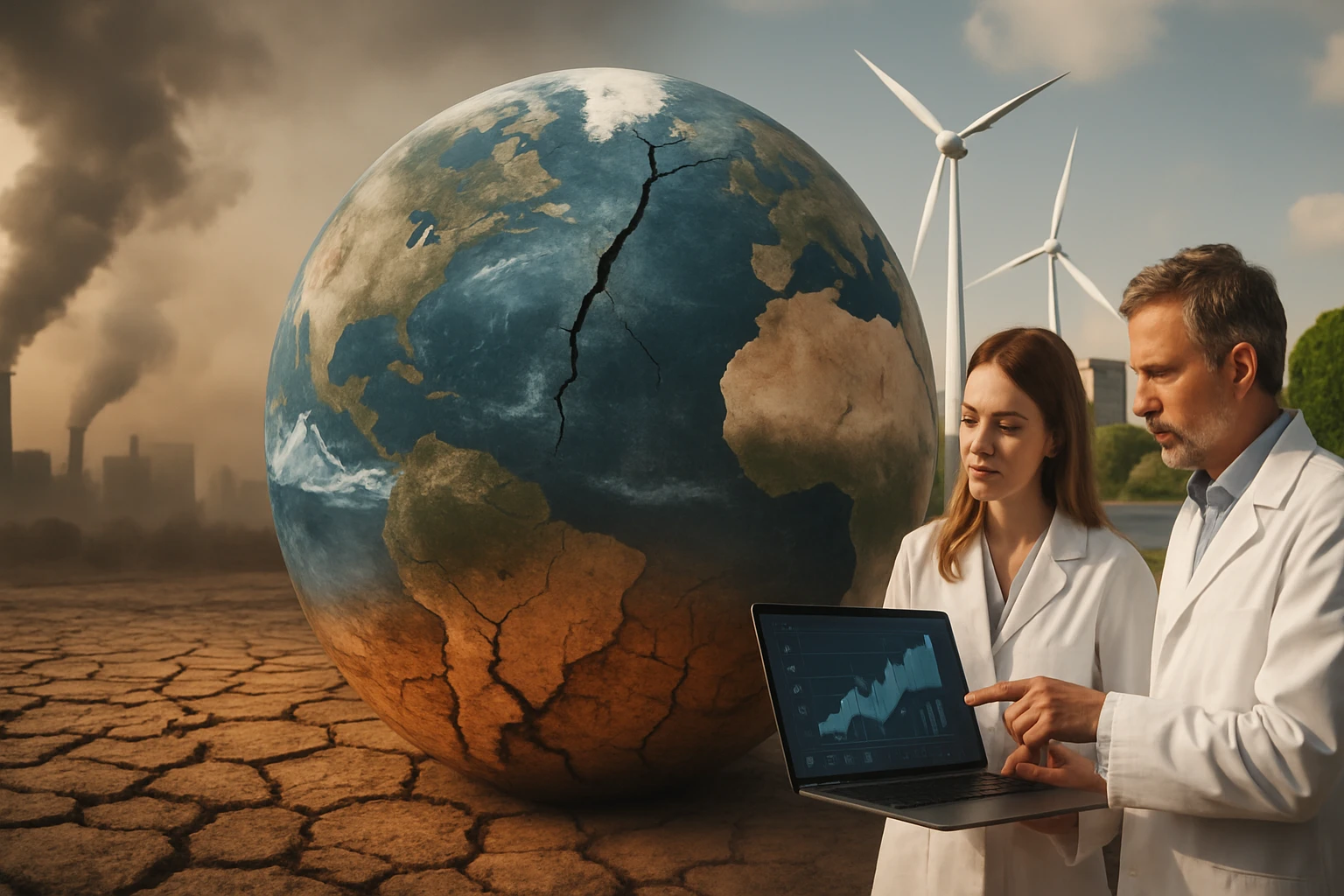 Két tudós egy laptopon elemzi a globális felmelegedés hatásait, háttérben a szennyezett város és a repülő szélerőművek.
