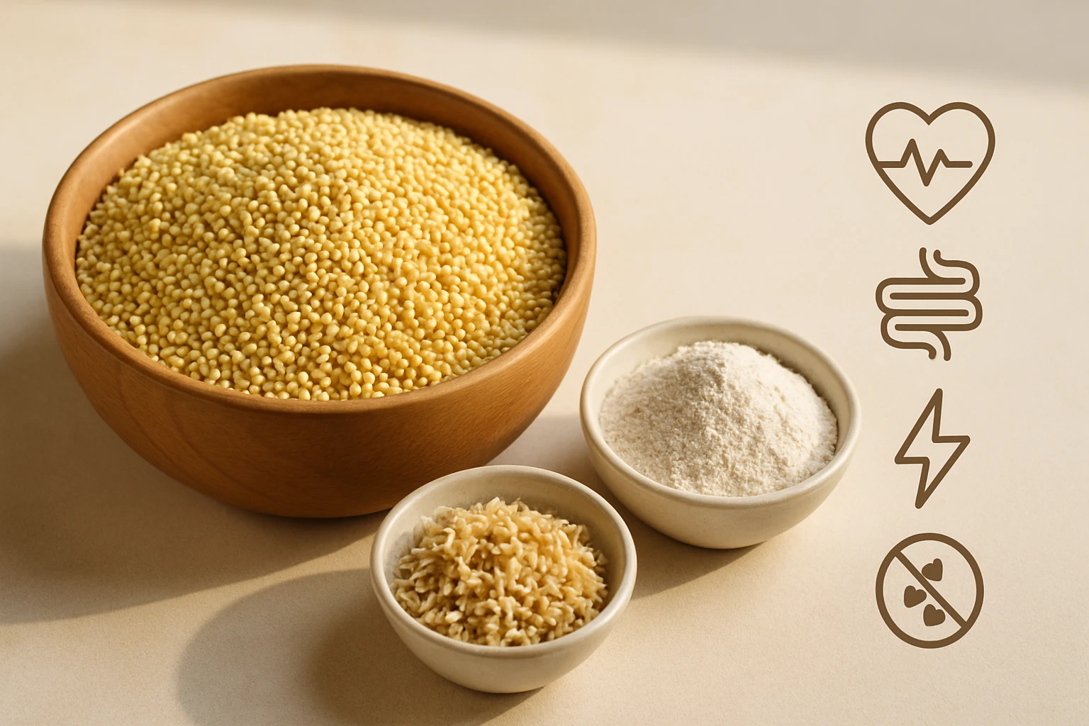 Egy tálban sárga köles, mellette két kisebb tálban kölesliszt és főtt köles található.