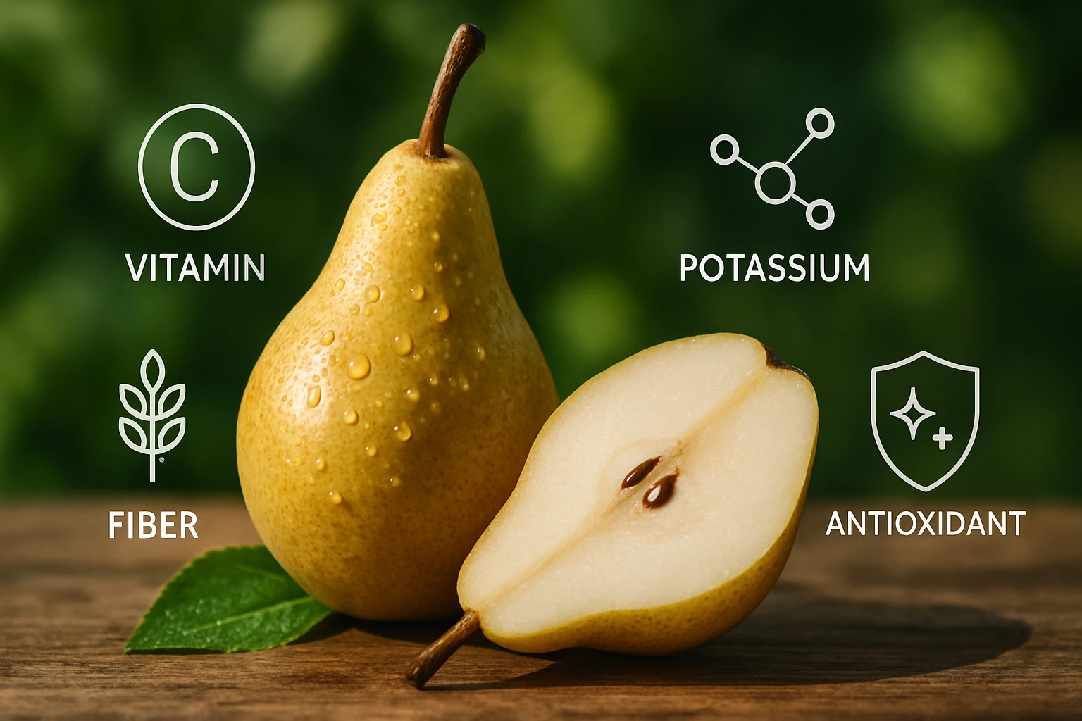 Friss körte, amelynek belsejében látható a mag, mellette vitaminok és ásványi anyagok ikonjaival.