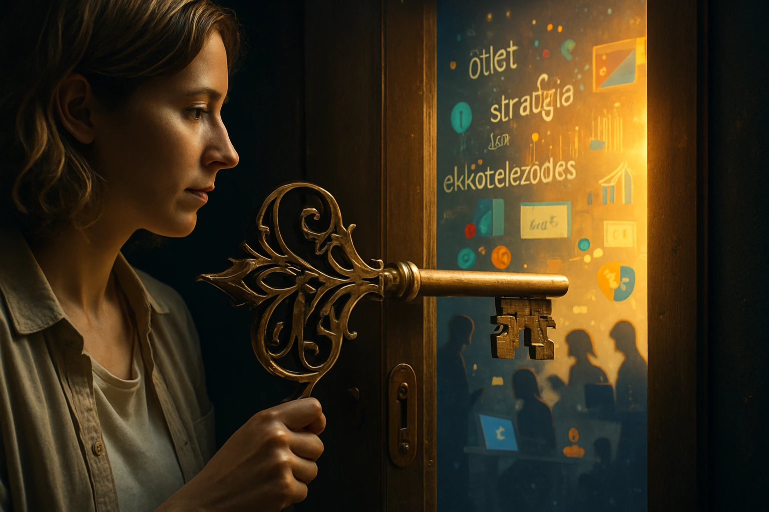 Egy nő arca látható, amint egy díszes kulcsot tart a kezében, miközben egy ajtó előtt áll.