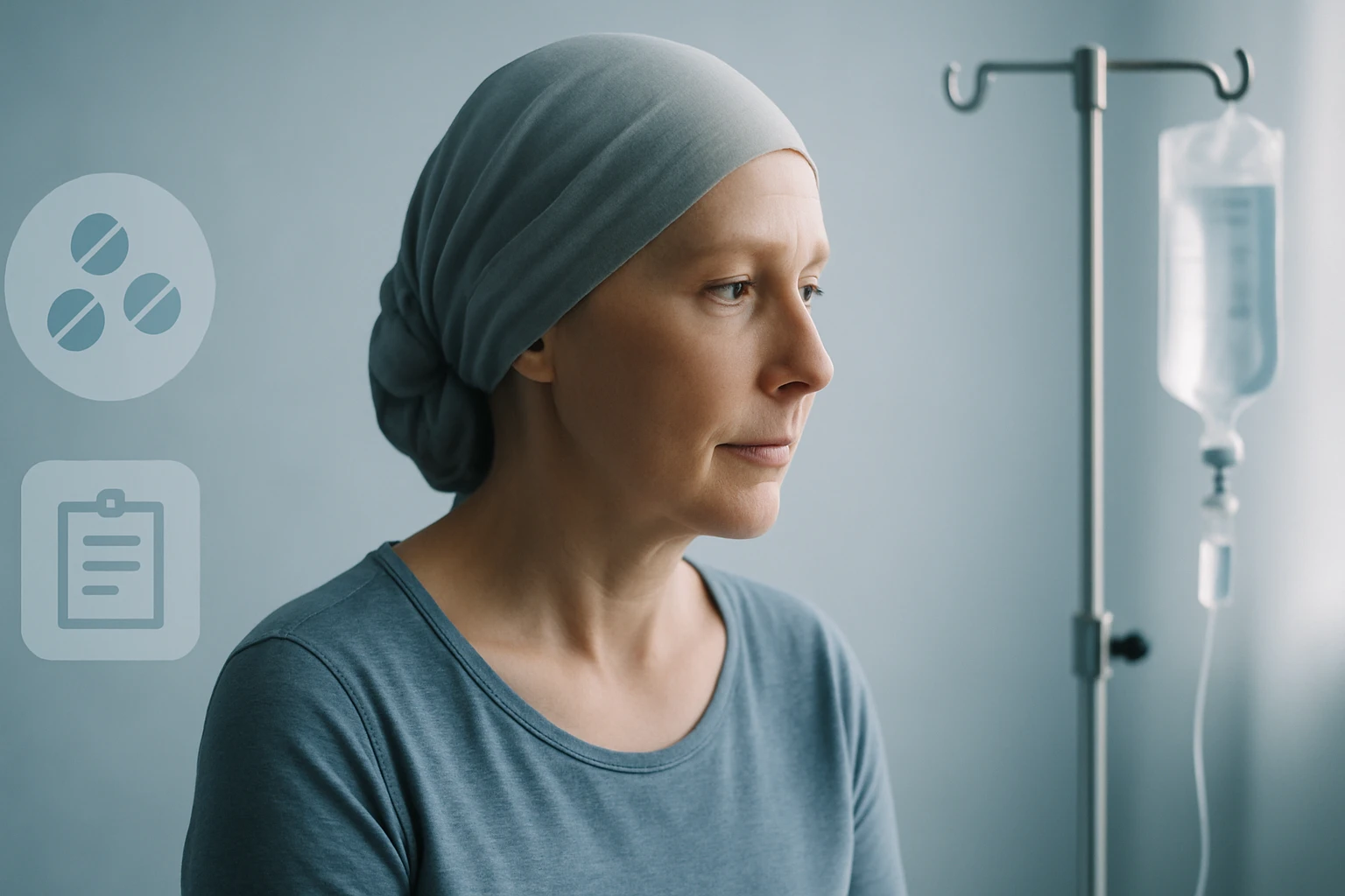 Egy nő, aki fejkendőt visel, a kórházban ül, láthatóan elgondolkodva néz előre.