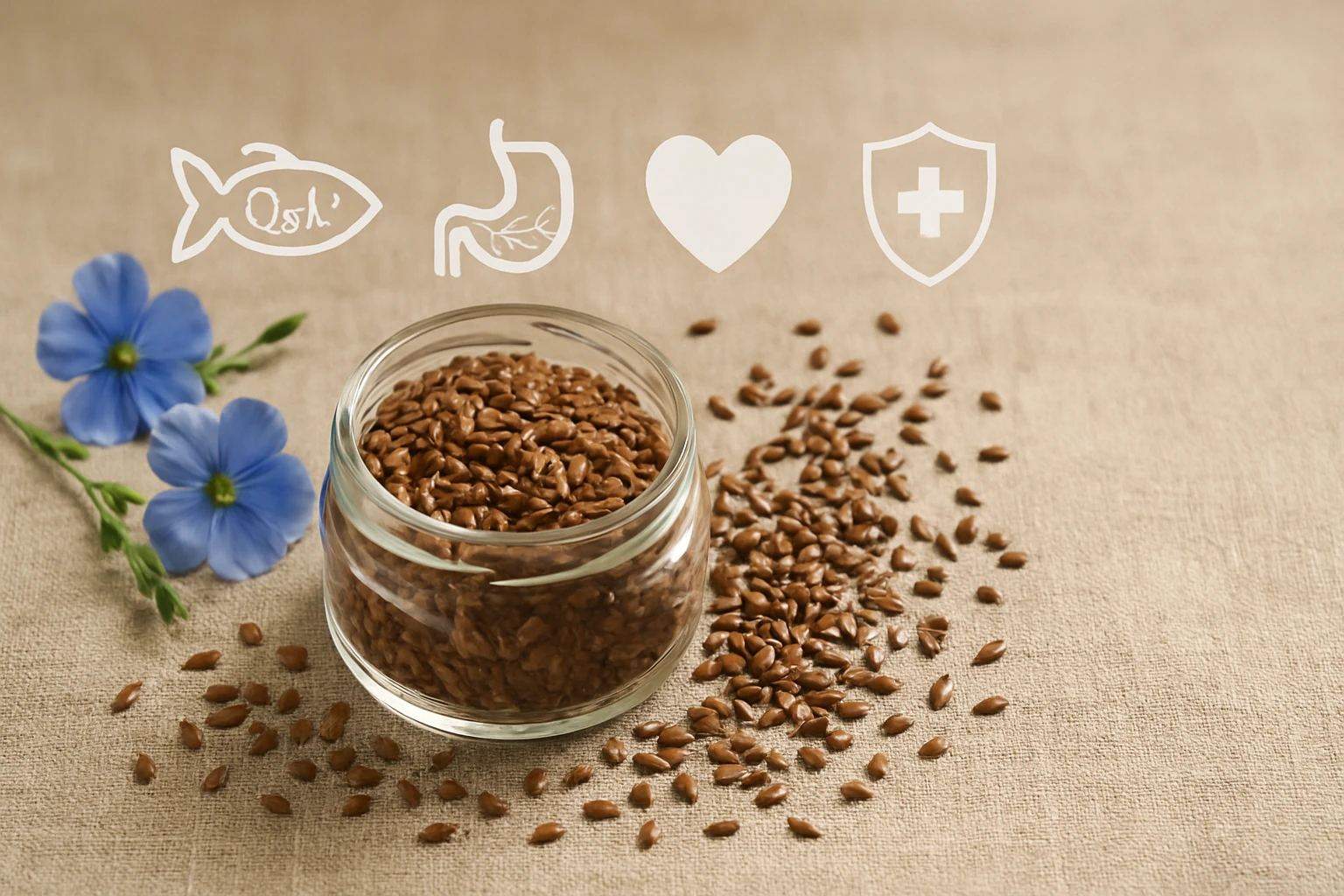 Egy üvegben lenmag található, mellette kék virágok és egészségügyi szimbólumok láthatók.
