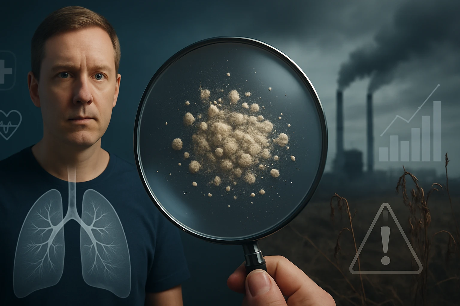 Egy férfi néz a kamerába, miközben egy nagyító alatt por látható, háttérben ipari kémények füstje.