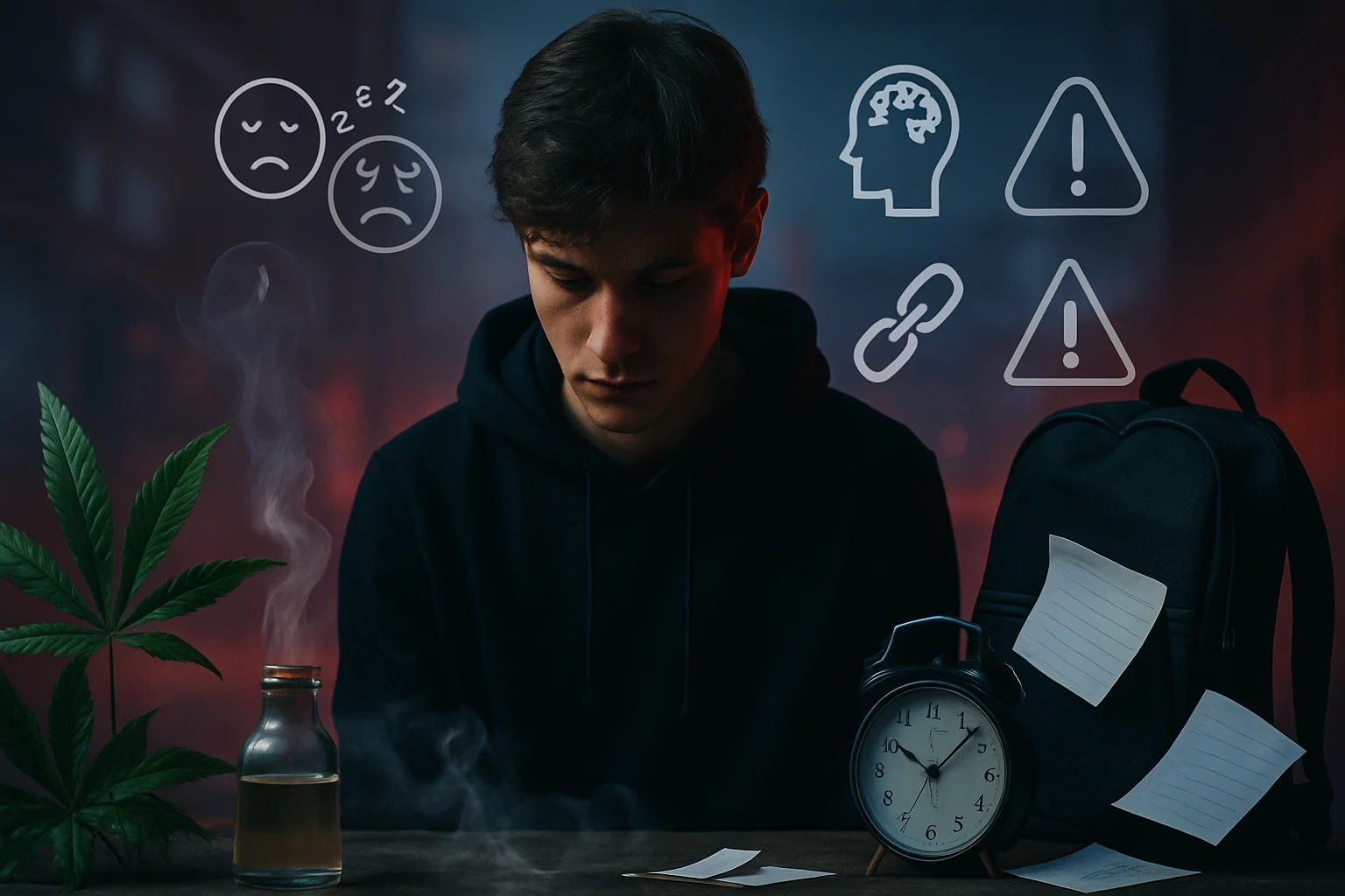 Egy fiatal férfi szomorúan ül egy asztalnál, mellette füstölő üveg és óra, háttérben szimbólumok.