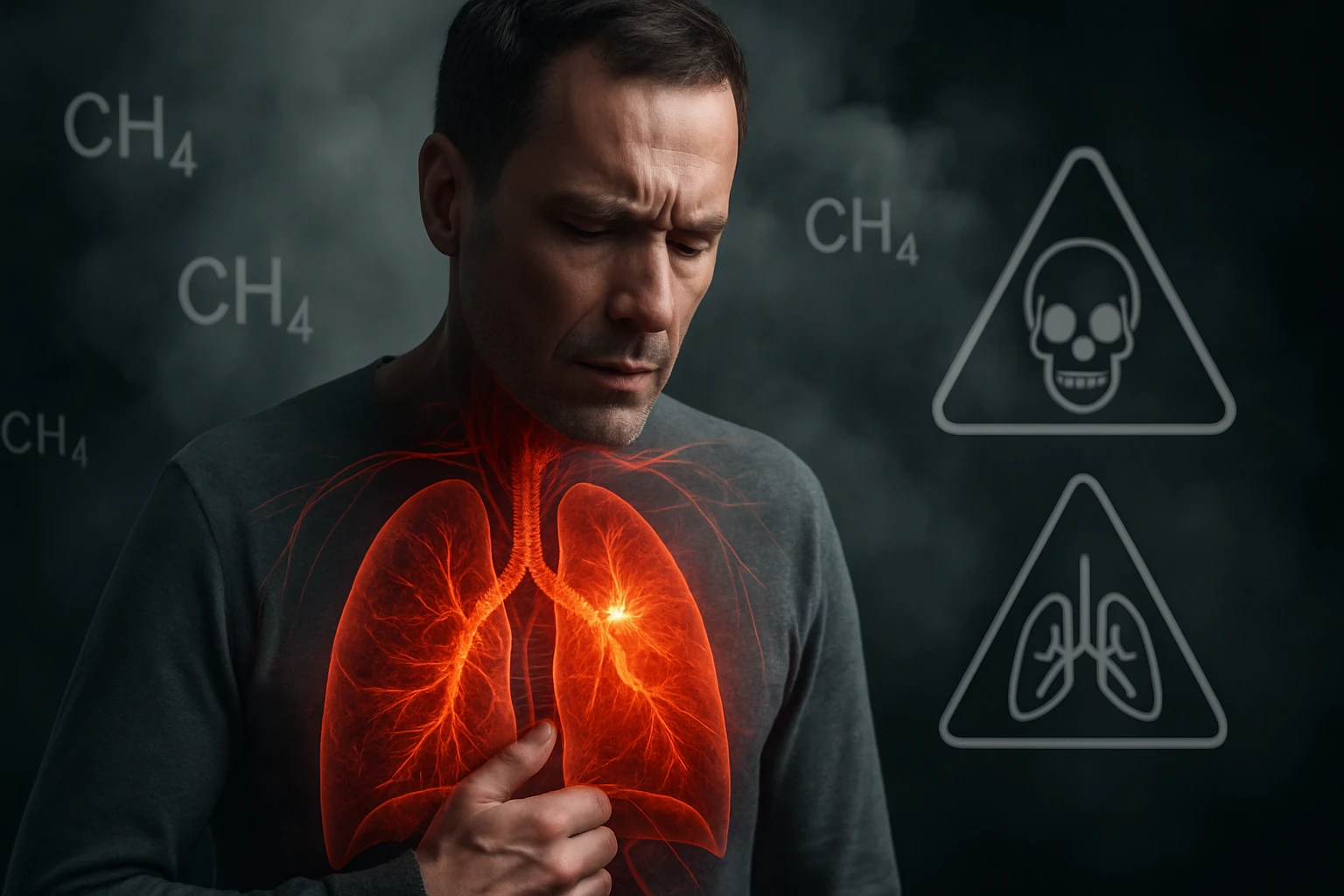 Egy férfi, aki fájdalmasan a mellkasához nyúl, a tüdője látható belső nézettel, CH4 jelölésekkel.