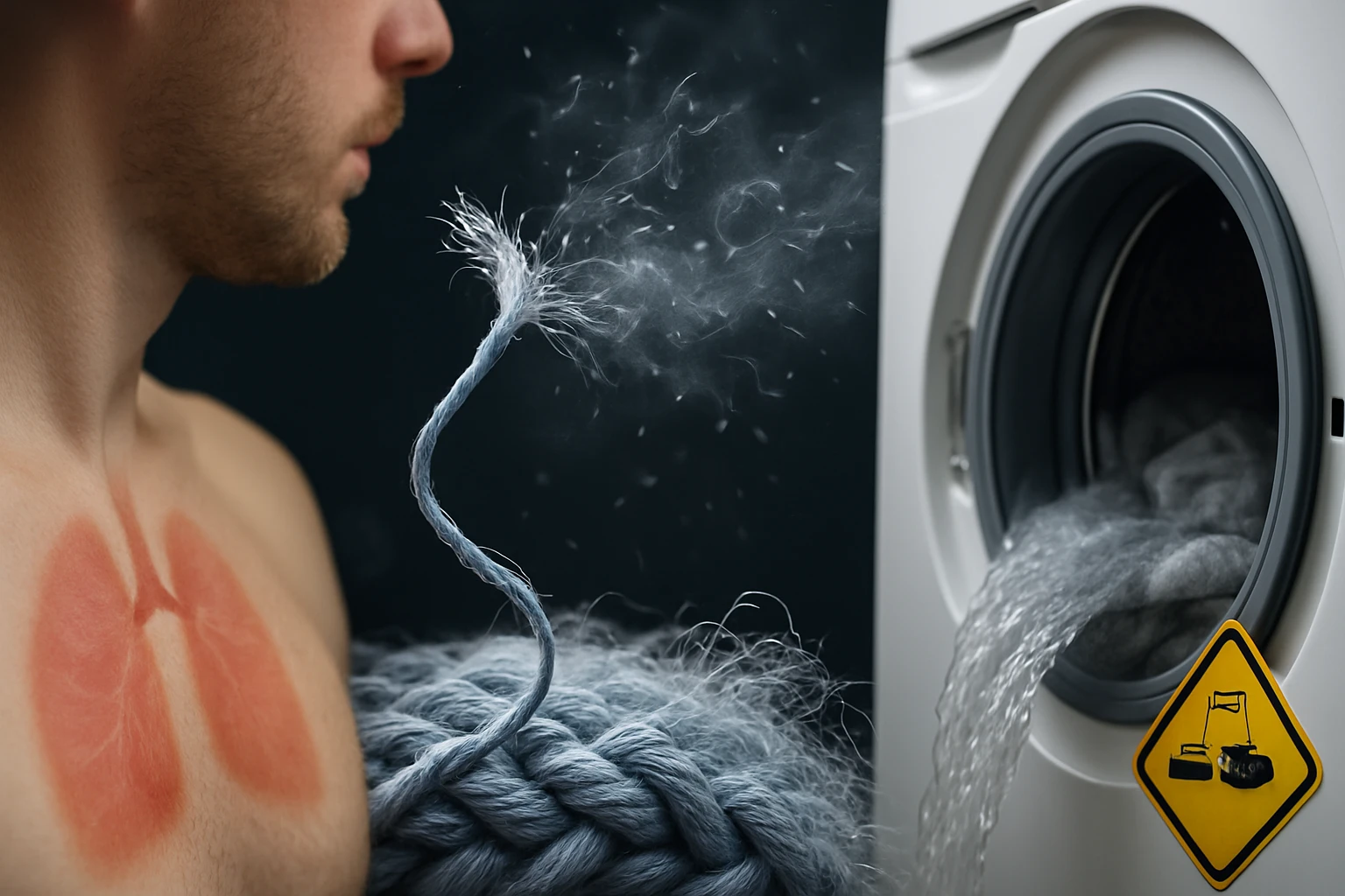 Egy férfi mellkasán piros tüdőábra látható, mellette mosógép és vízfolyás.