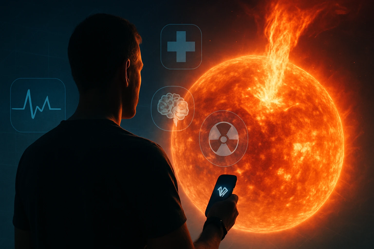 Egy férfi a napra néz, miközben okostelefonját tartja a kezében.