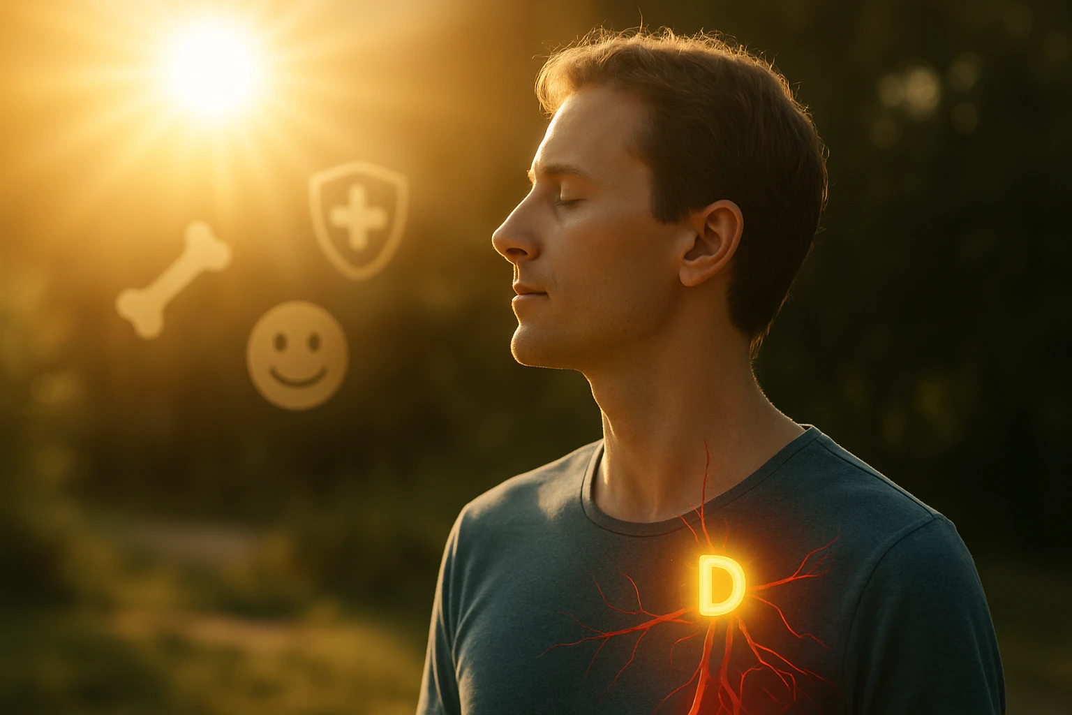 Egy férfi napfényben áll, szemei csukva, a szívén D betű látható.