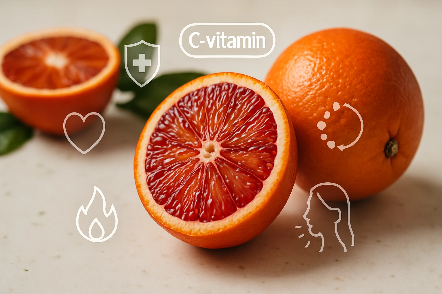 Két félbevágott narancs, az egyik piros húsú, zöld levelekkel, C-vitamin ikonokkal.