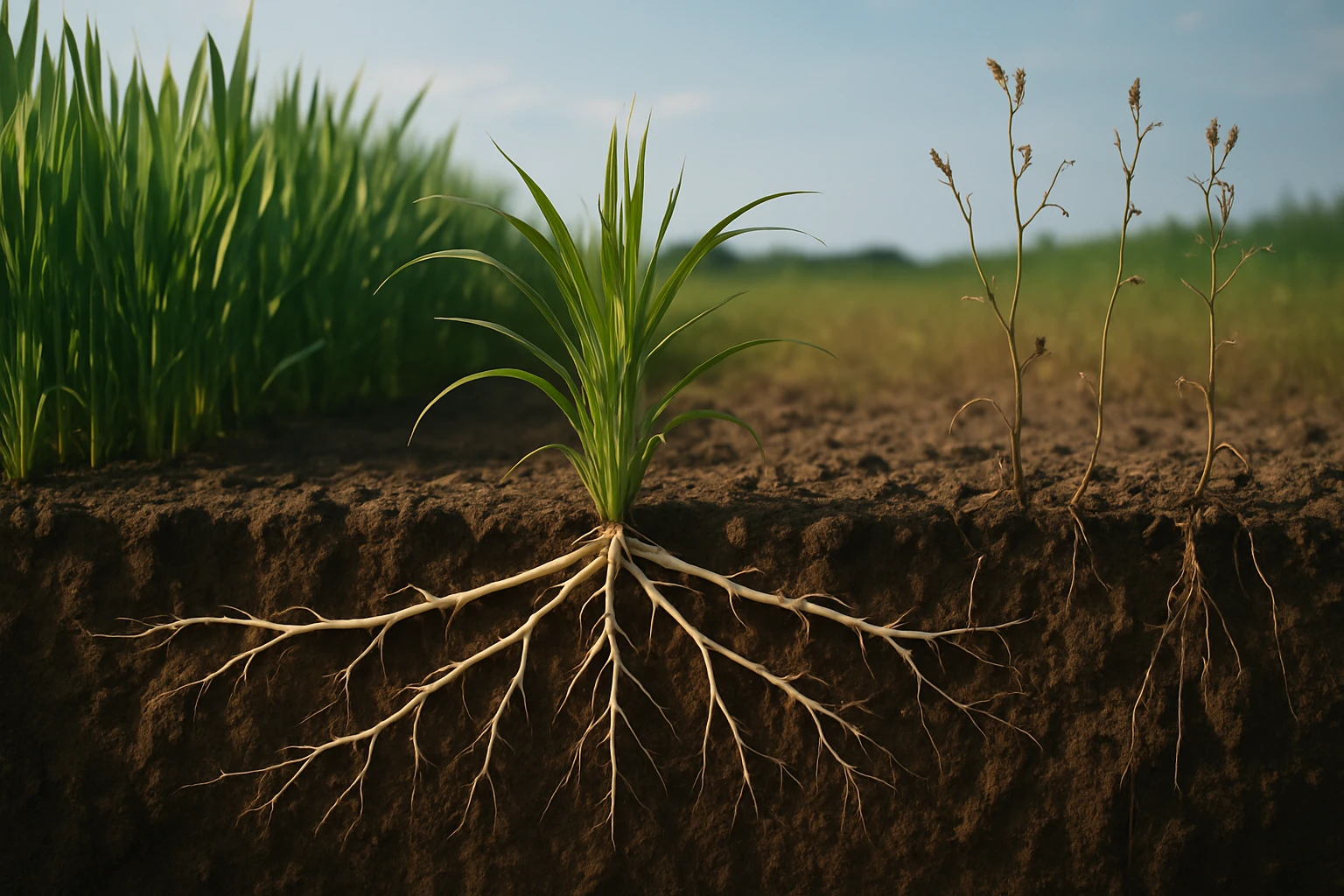 Egy zöld növény gyökerei láthatók a földben, mellette száraz növények.