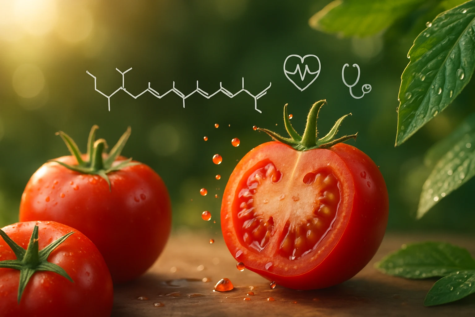 Friss, érett paradicsomok vízcseppekkel, az egyik félbevágva, belsejében látható a piros hús.