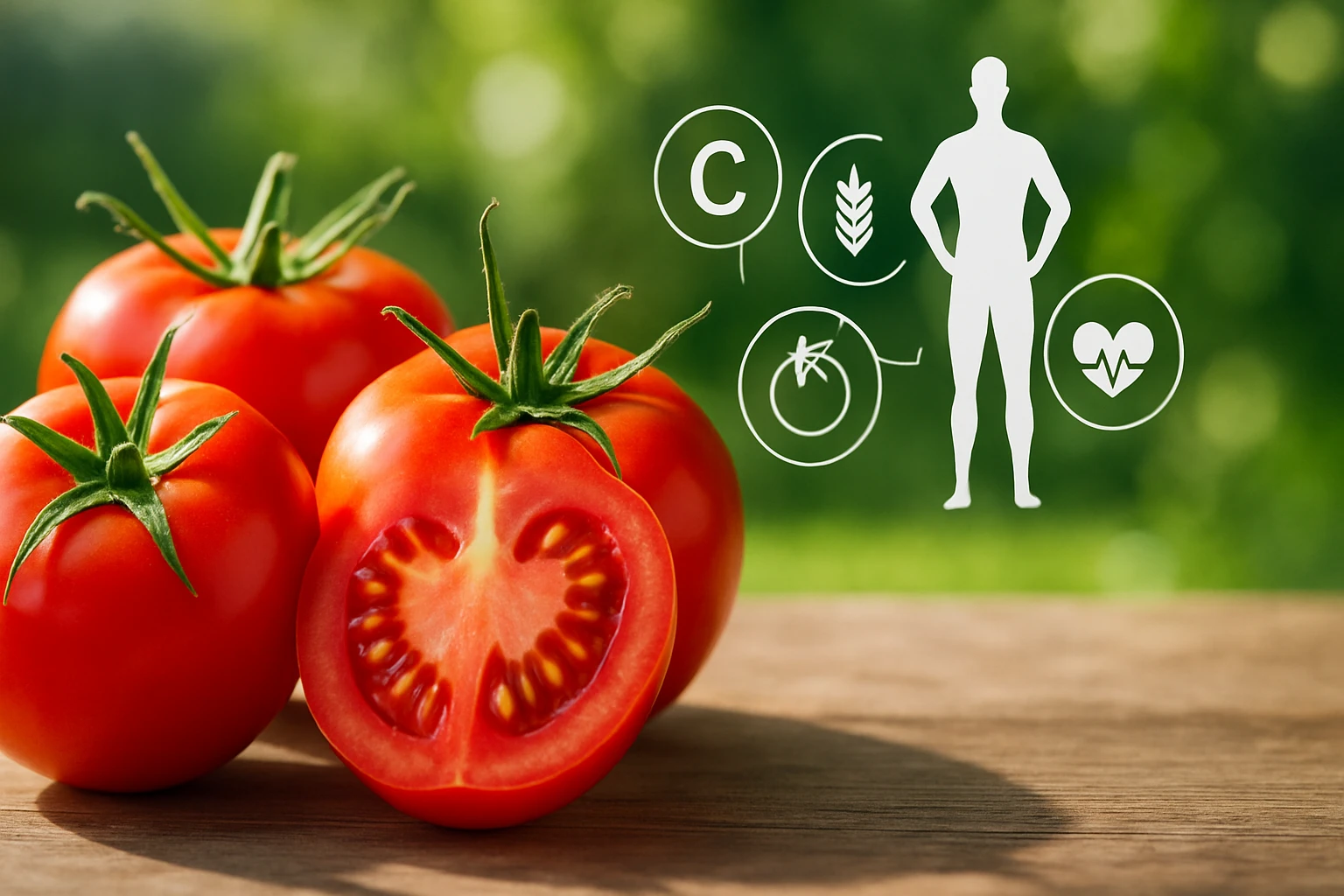 Friss, piros paradicsomok egy fából készült asztalon, mellettük egészségi előnyöket bemutató ikonok.