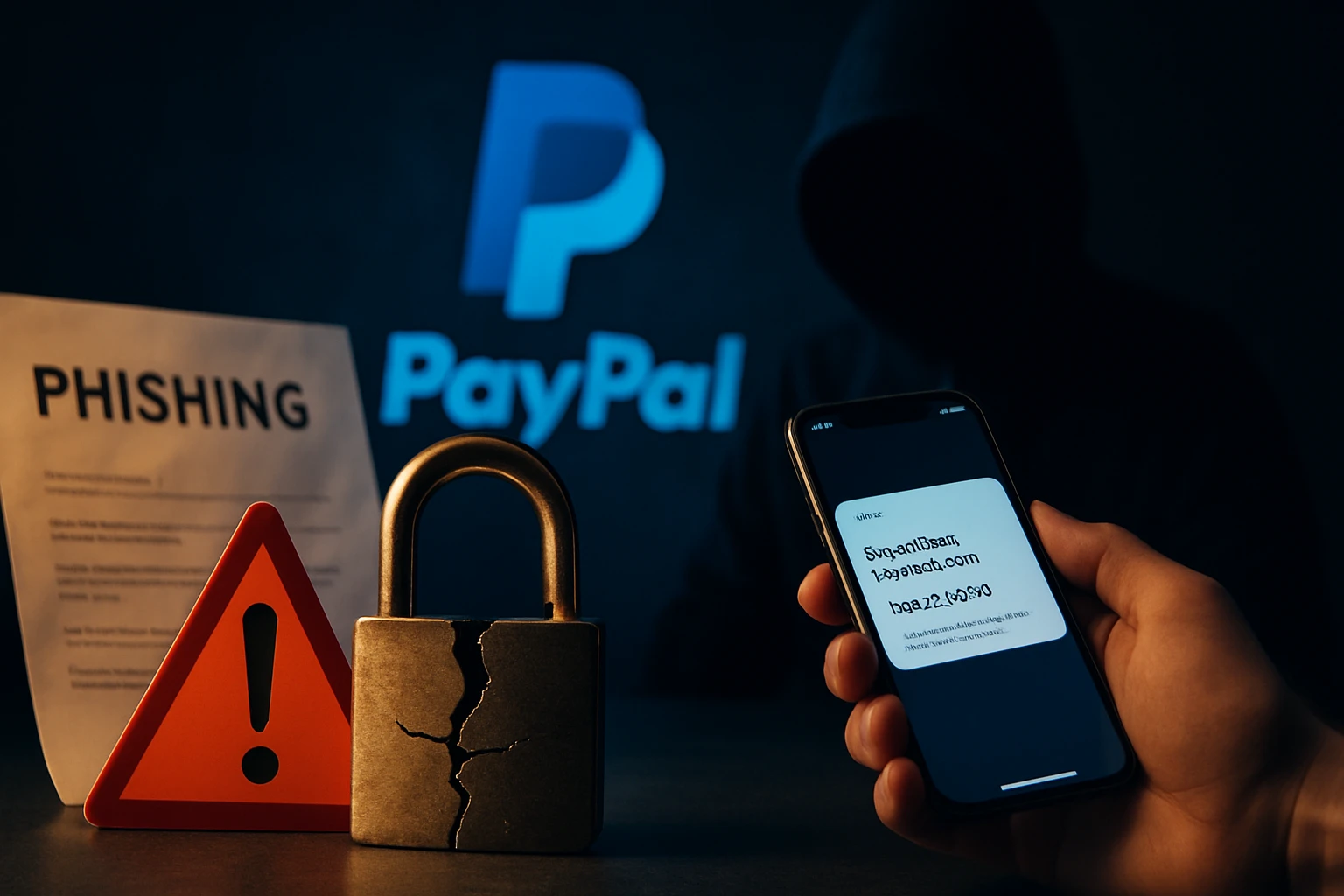 Egy okostelefonon phishing üzenet látható, háttérben PayPal logóval és figyelmeztető táblával.