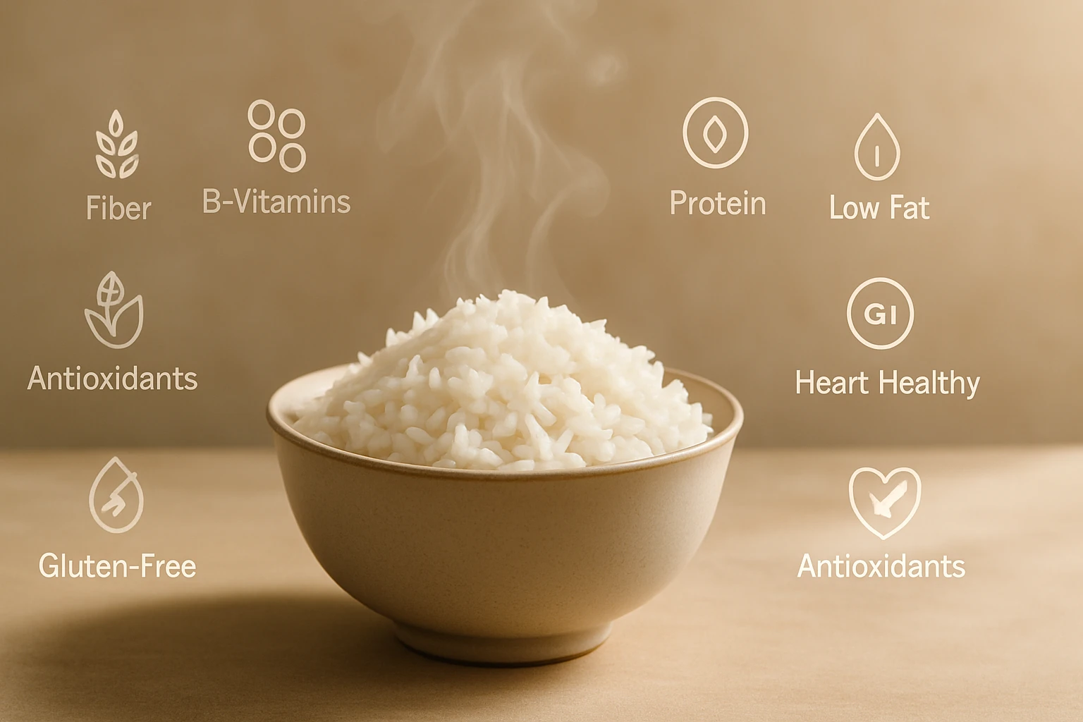 Gőzölgő, fehér rizs egy világos tálban, körülötte tápláló összetevők ikonjaival.