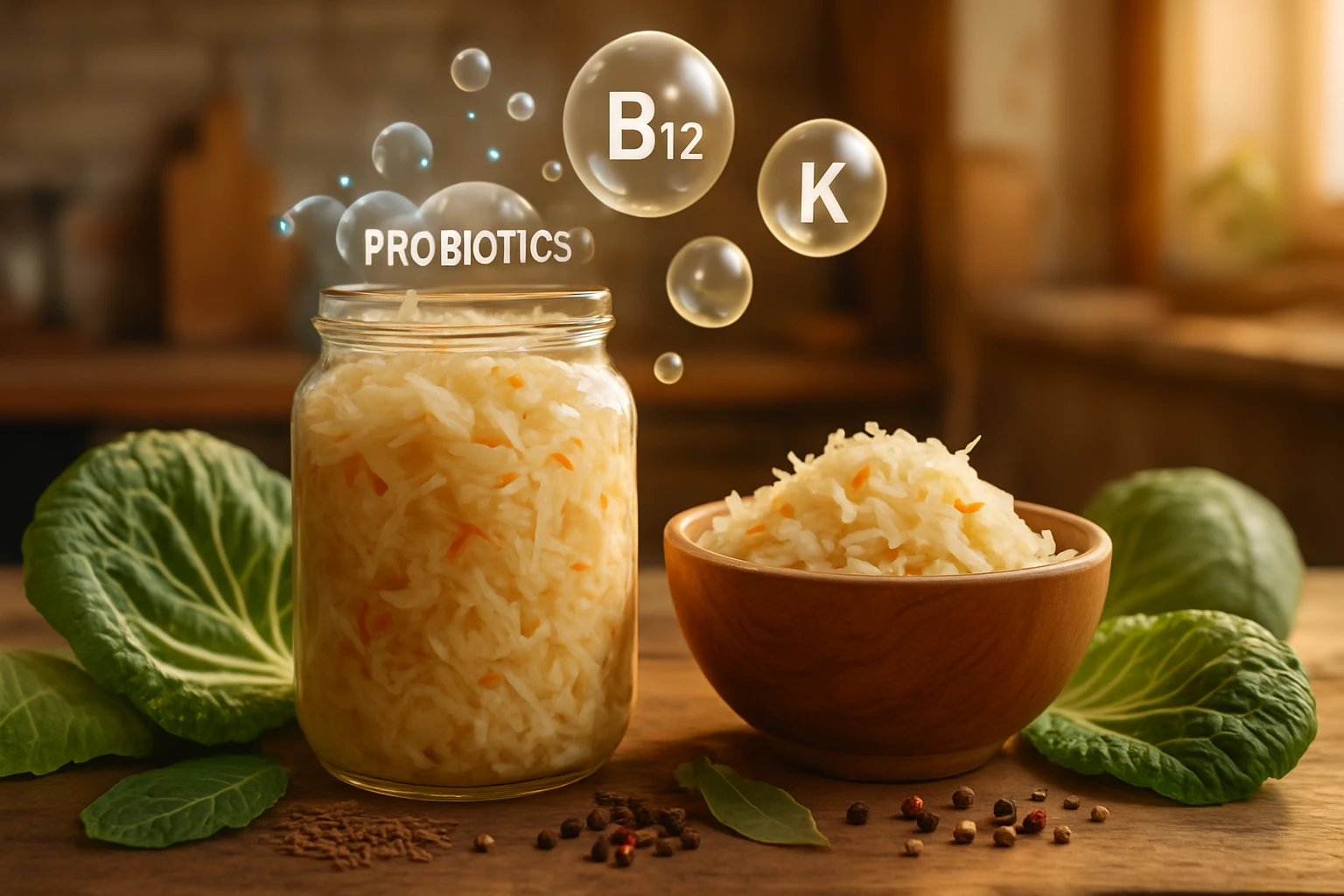 Egy üveg savanyú káposzta, mellette egy tál savanyúság, zöldségekkel és fűszerekkel.