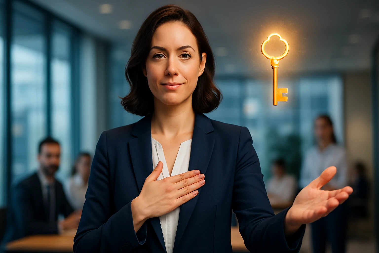 Egy nő üzleti öltözetben, kezében egy világító kulcs, háttérben kollégák.