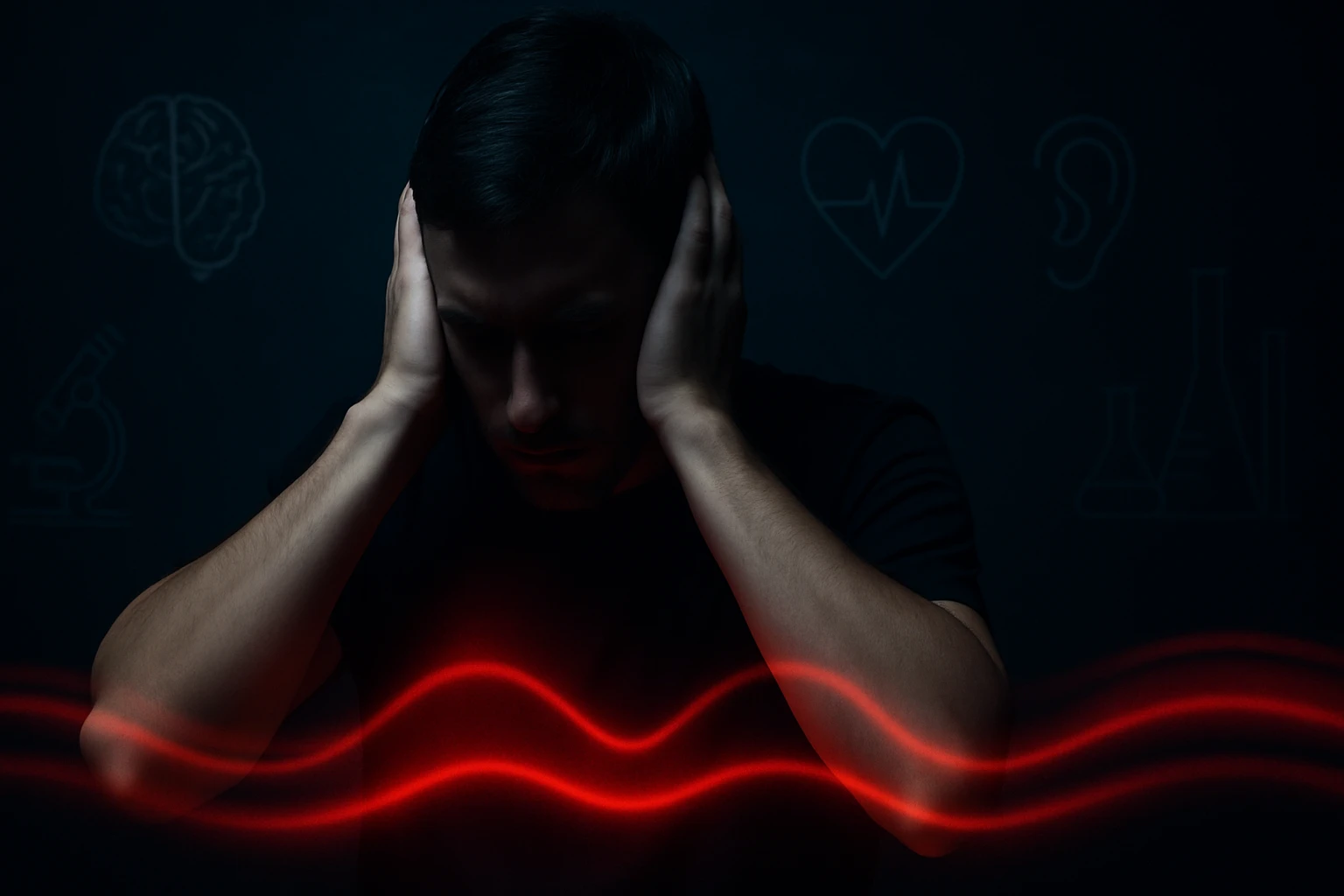 Egy férfi, aki a fülét a kezével takarja, sötét háttér előtt, piros hullámokkal.