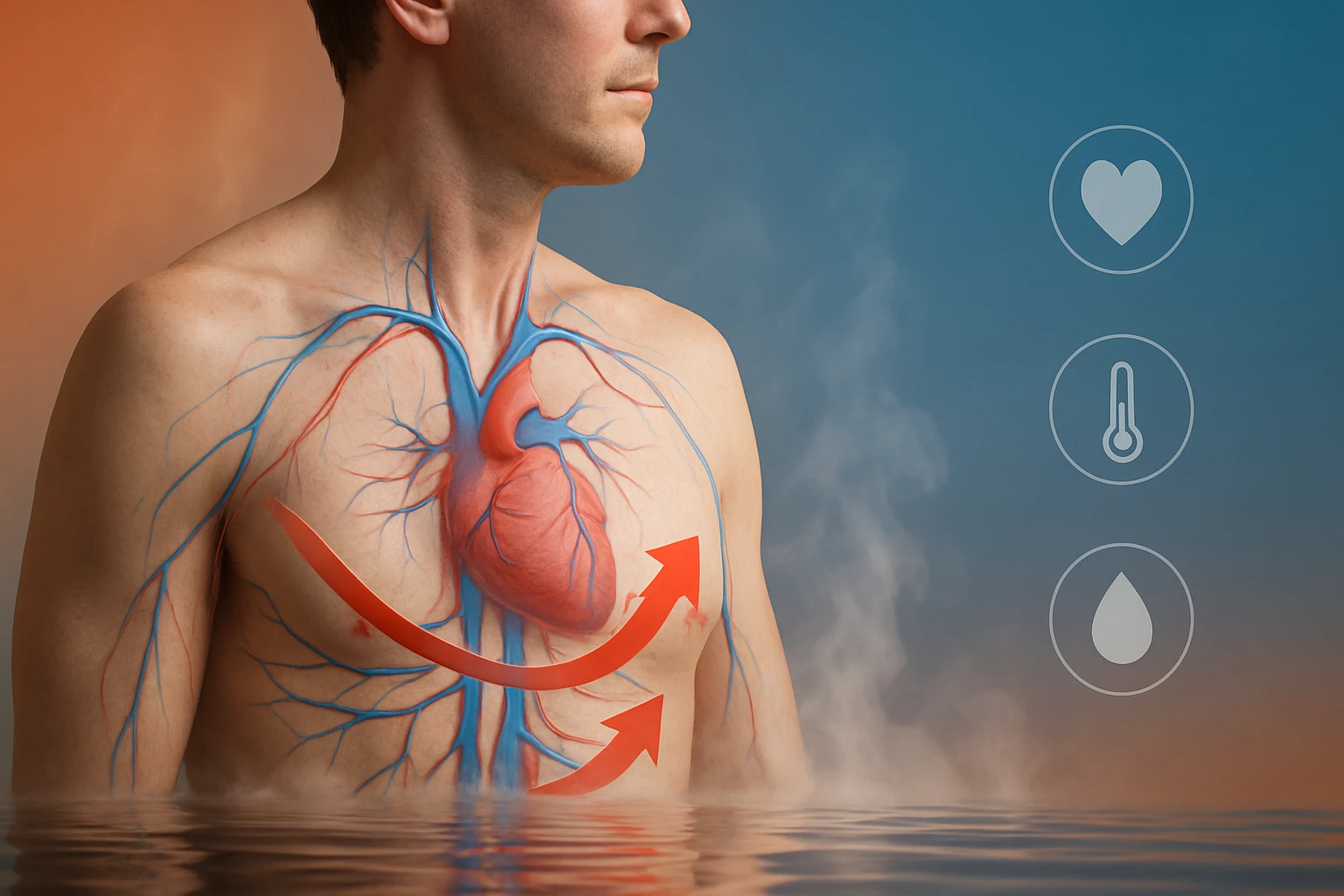 Egy férfi mellkasa, amelyen a szív és a keringési rendszer látható, színes illusztrációval.