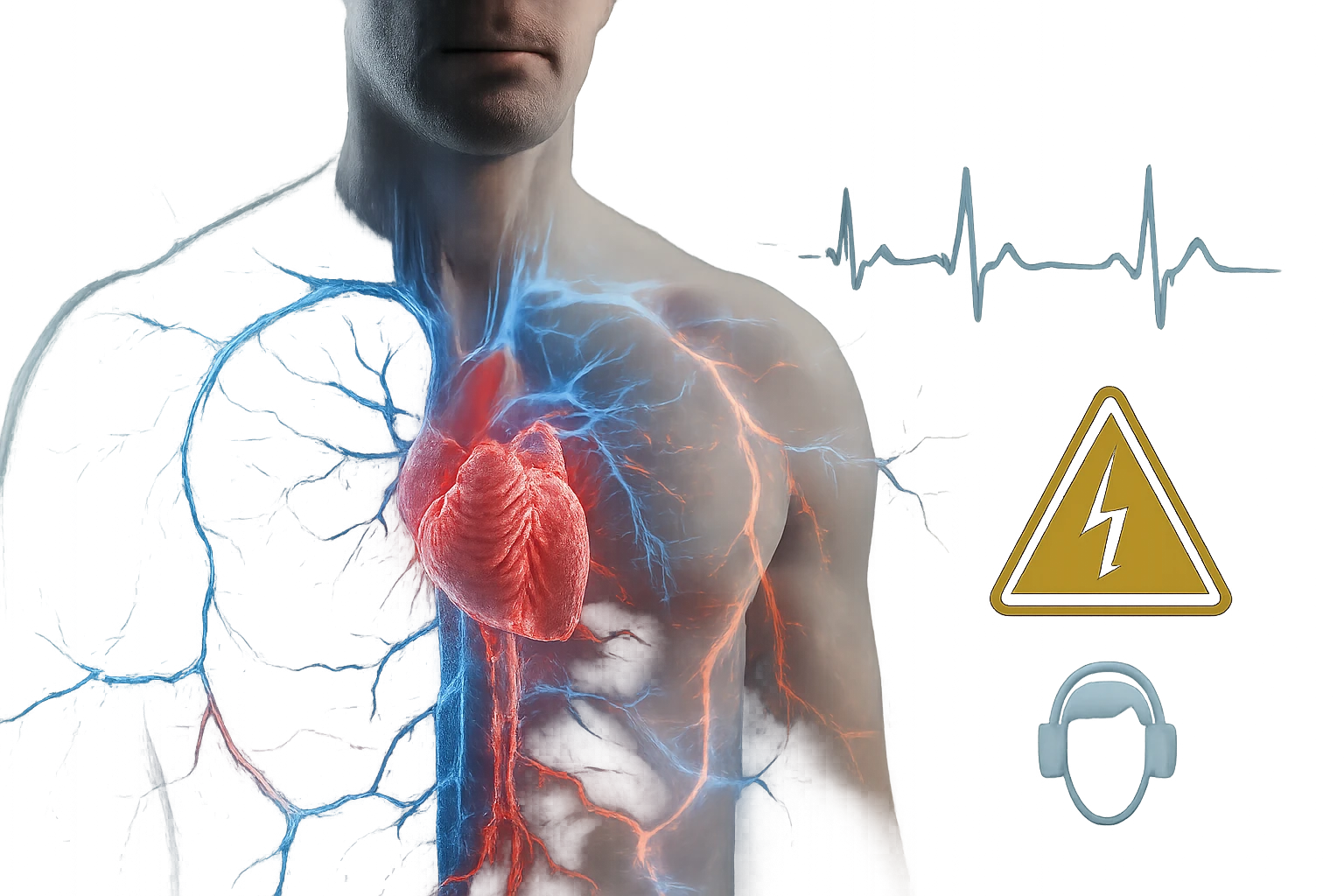 Egy emberi test, amelyen a szív és az erek láthatók, elektromos jelekkel.