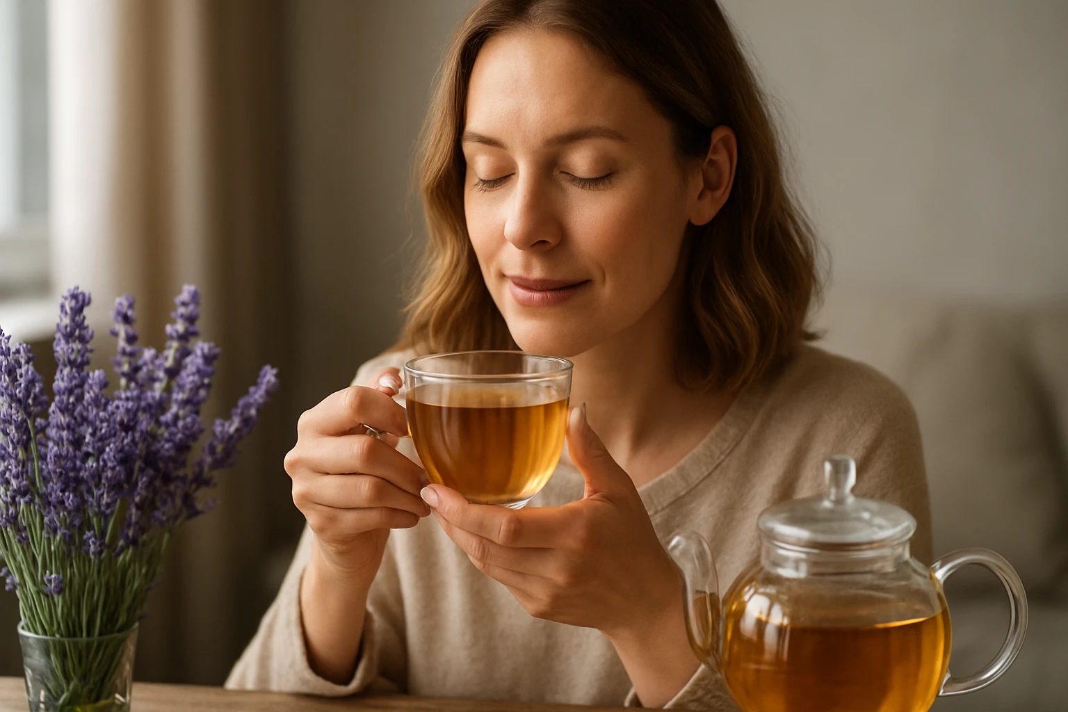 Egy nő egy csésze teát tart a kezében, élvezi a tea aromáját, háttérben levendulával.