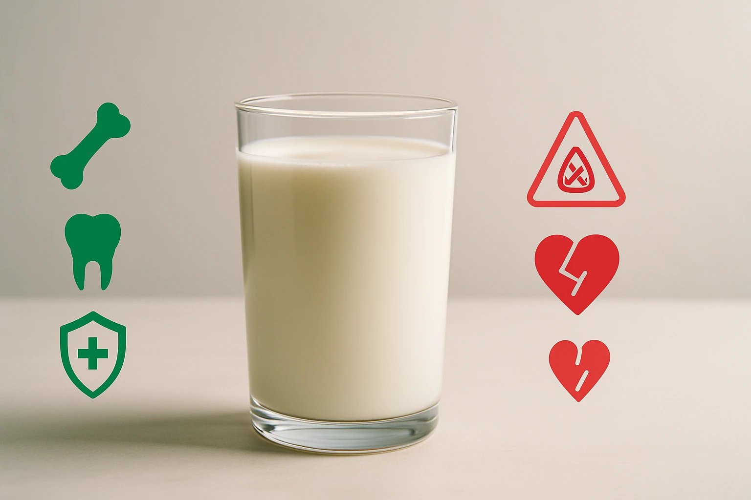 Egy pohár tej, mellette zöld és piros ikonok, amelyek az egészségügyi előnyöket és kockázatokat jelzik.