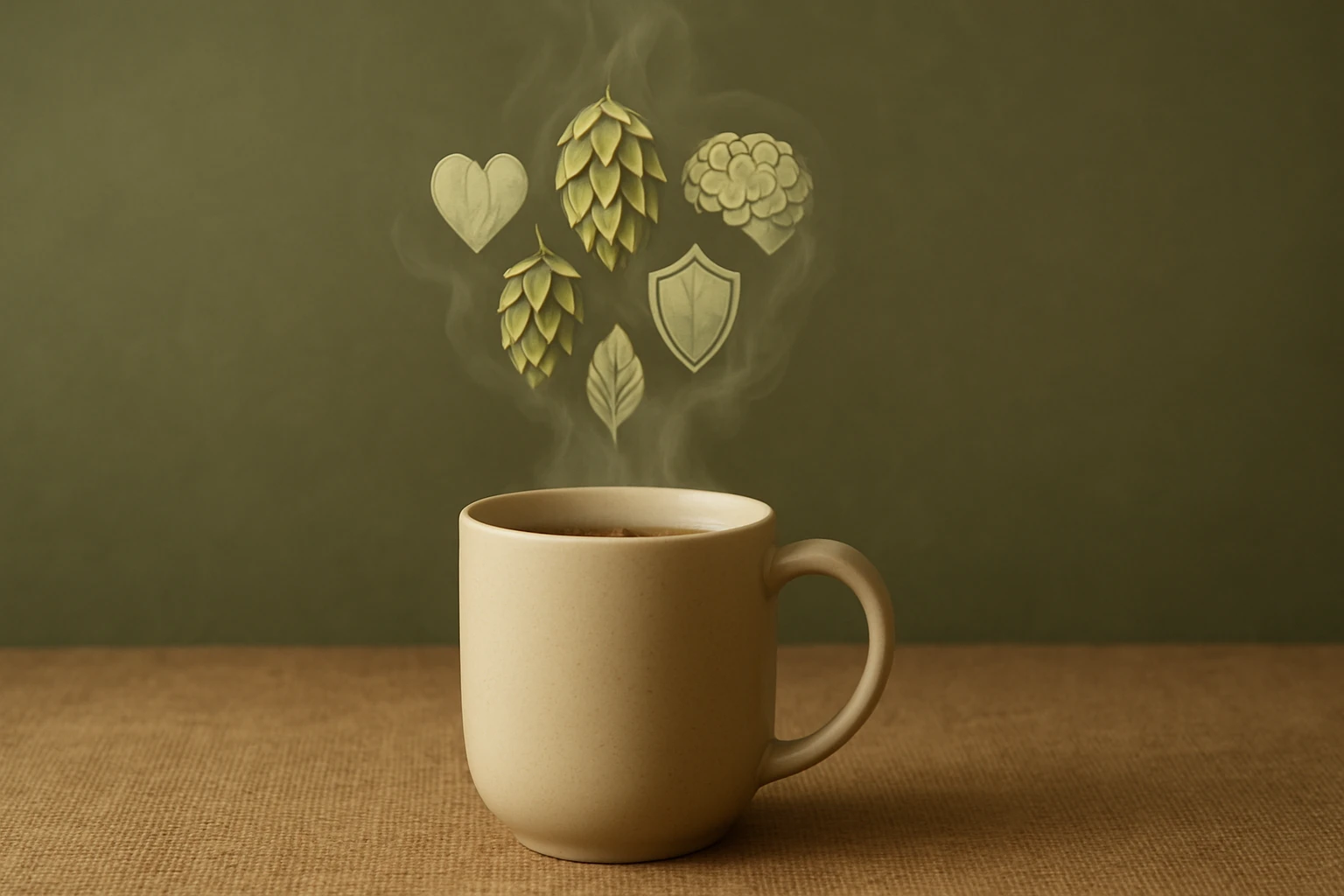 Egy gőzölgő bögre, amelyből különböző növényi szimbólumok emelkednek ki.