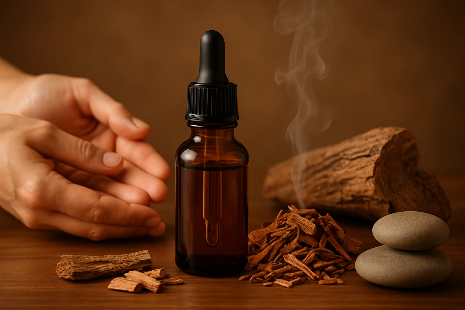 Egy barna üveg cseppentő, mellette füstölgő fa és sima kövek, relaxációs környezetben.