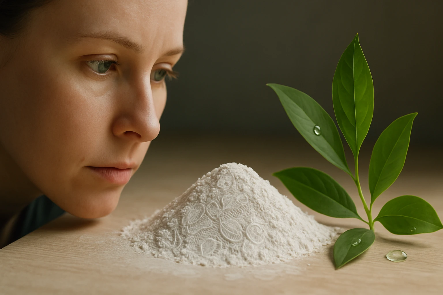 Egy nő figyelmesen néz egy fehér lisztkupacra, mellette zöld levelek.