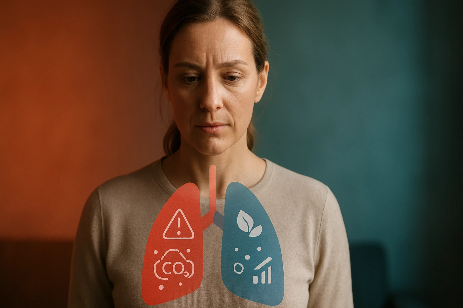 Egy nő áll, arca komoly, a mellkasán grafikai ábrázolás látható a tüdőről, szennyező anyagokkal és egészséges elemekkel.