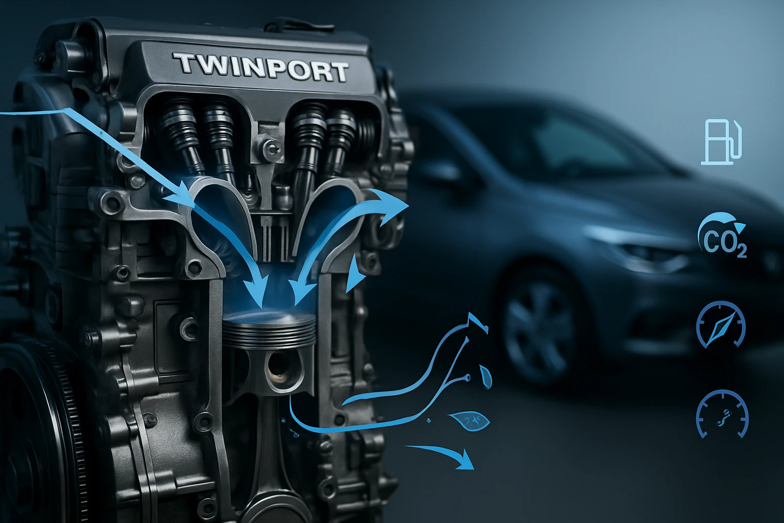 A Twinport motor részletes ábrázolása, amely bemutatja a levegő és üzemanyag áramlását.