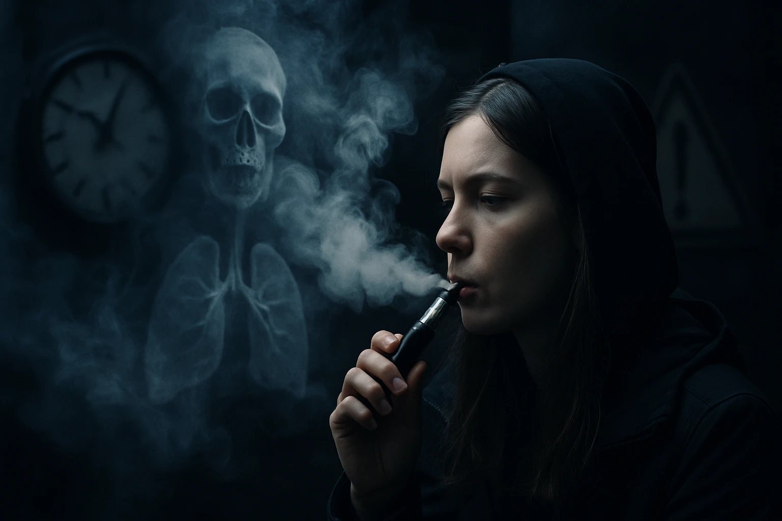 Egy fiatal nő füstöl egy vape-t, háttérben egy koponya és tüdő sziluettje látható.