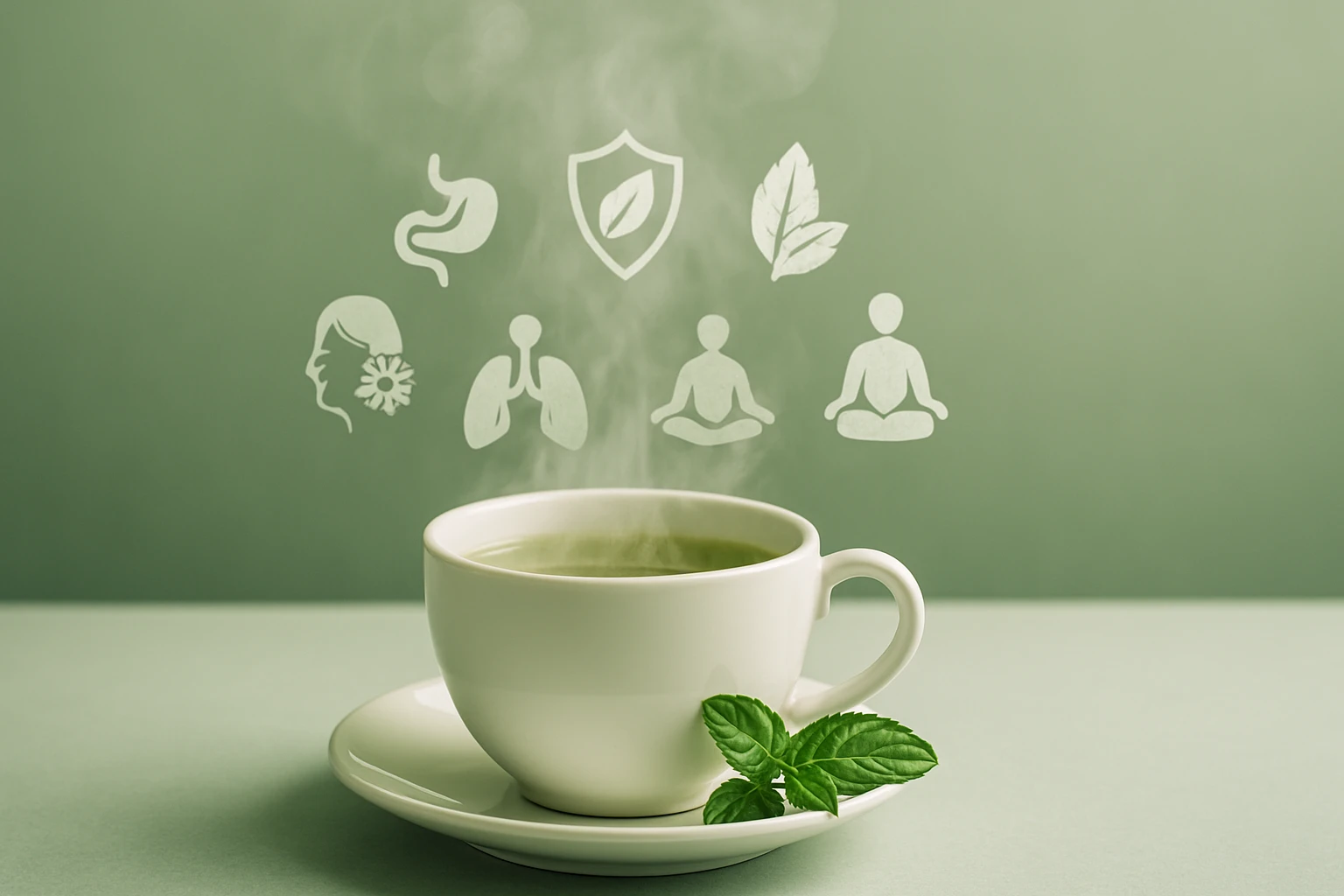 Gőzölgő zöld tea egy fehér csészében, mellette friss menta levél.