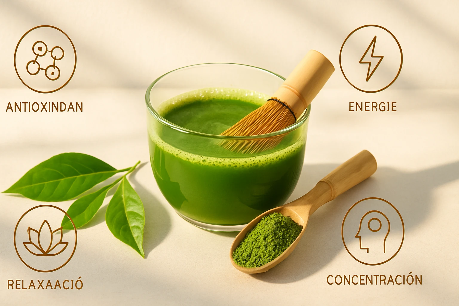 Zöld tea ital egy üvegben, mellette zöld tea por és levelek, bambusz habverővel.