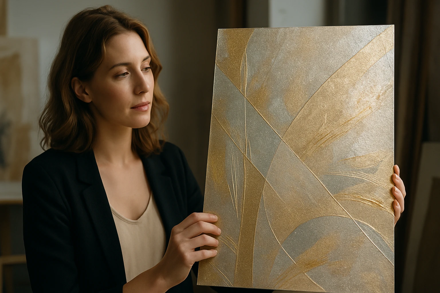 Egy nő arany és ezüst színű absztrakt festményt tart a kezében, elgondolkodva néz rá.