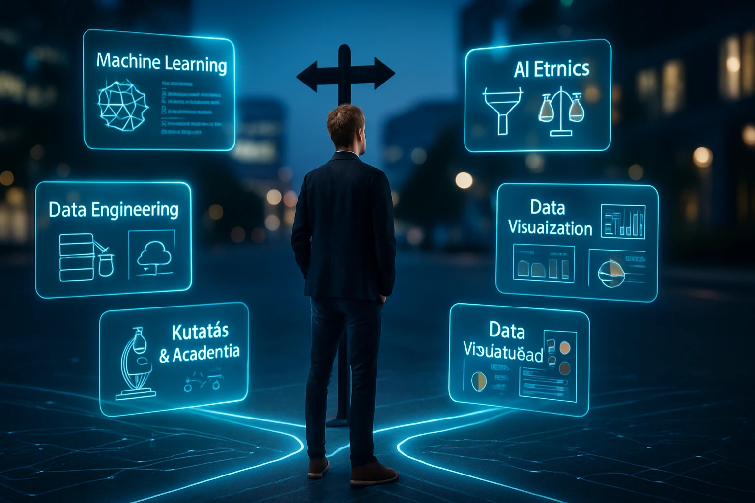 Egy férfi áll egy kereszteződésnél, ahol különböző adatkezelési irányok láthatók.