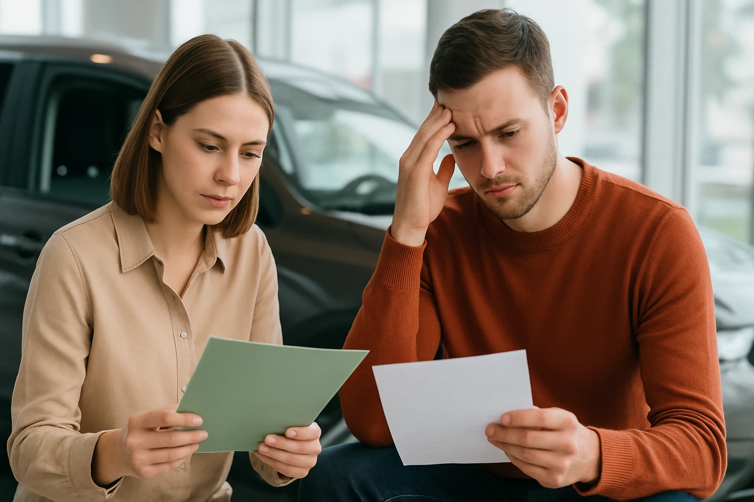 Egy fiatal pár aggódva nézi a kezükben tartott papírokat egy autószalonban.