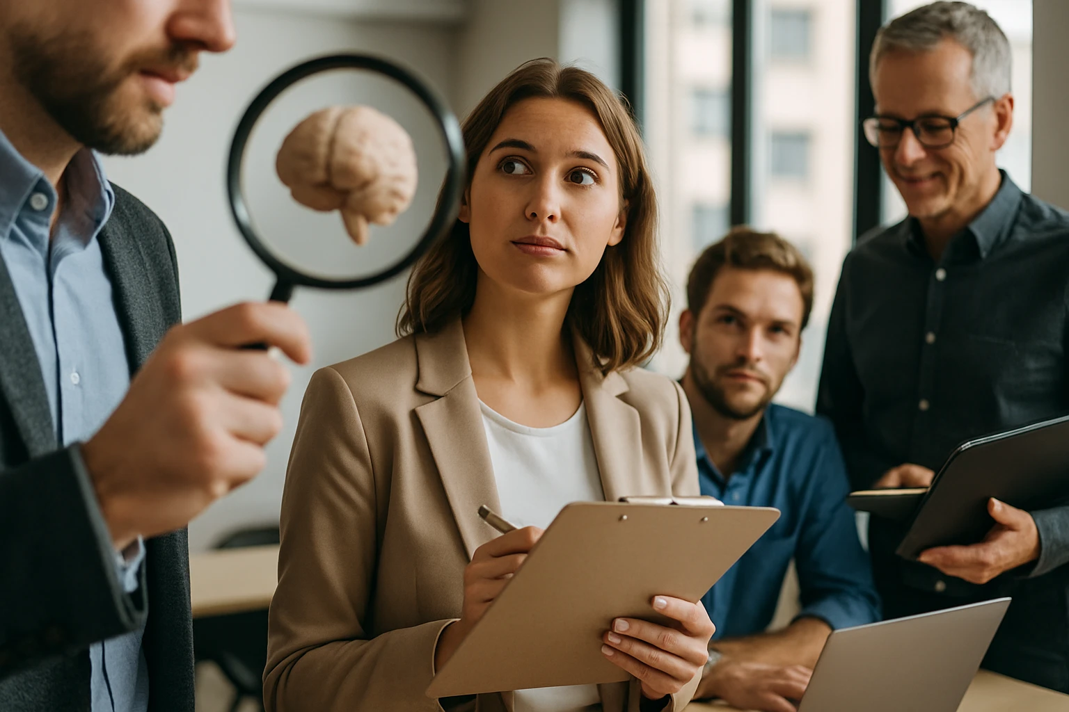 Egy nő figyelmesen néz egy férfit, aki egy agyat ábrázoló modellt tart egy nagyító alatt.