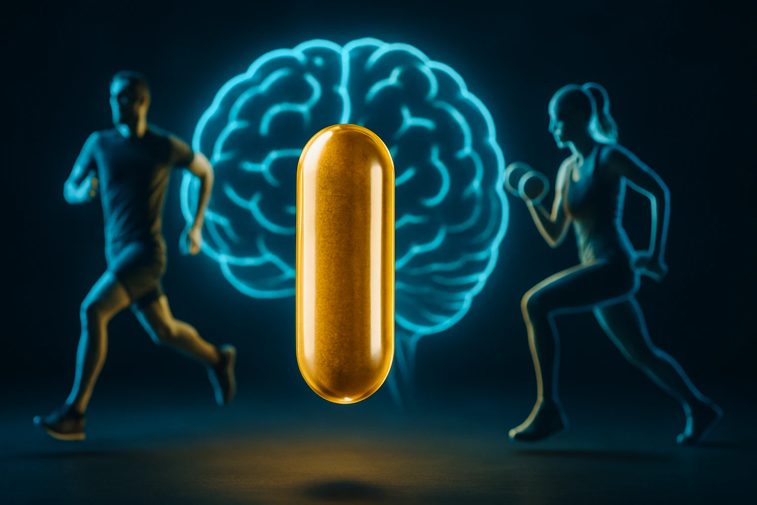 Egy aranyszínű kapszula lebeg a háttérben, amelyen egy agy sziluettje látható, miközben sportolók futnak.