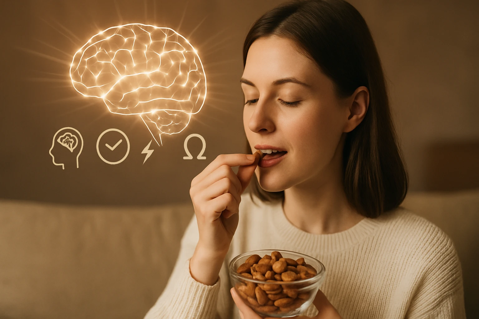 Egy nő mandulát eszik, miközben agyábrázolás és szimbólumok láthatók a háttérben.