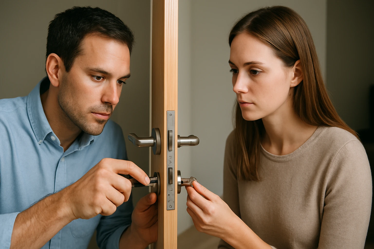 Egy férfi és egy nő figyelmesen próbálják kinyitni a zárat egy ajtón.