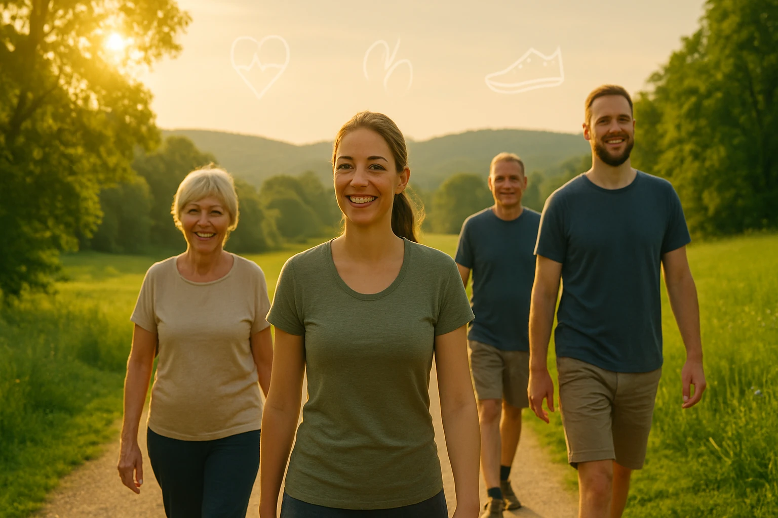 Négy felnőtt sétál a természetben, mosolyogva, naplementében.