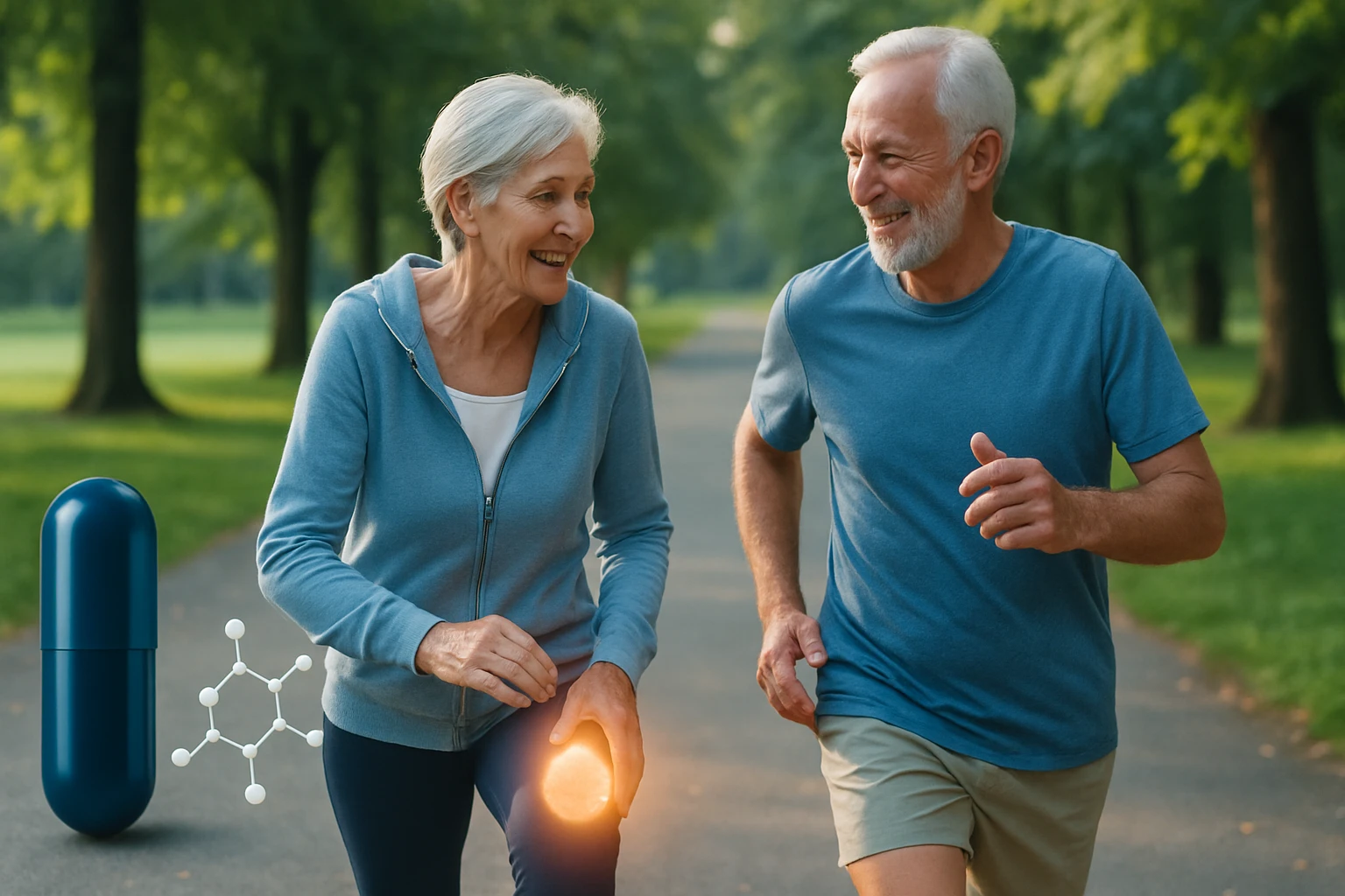 Két idős ember fut egy parkban, boldogan beszélgetve, miközben a nő a térdét masszírozza.