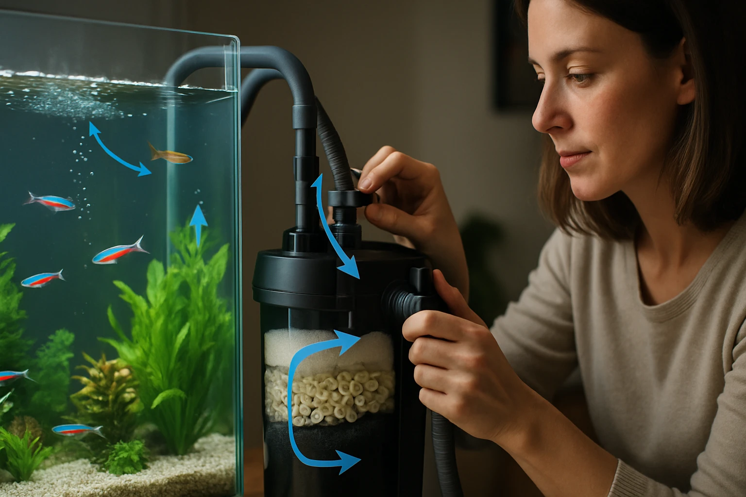 Egy nő éppen egy akvárium szűrőjét állítja be, miközben halak úsznak a vízben.