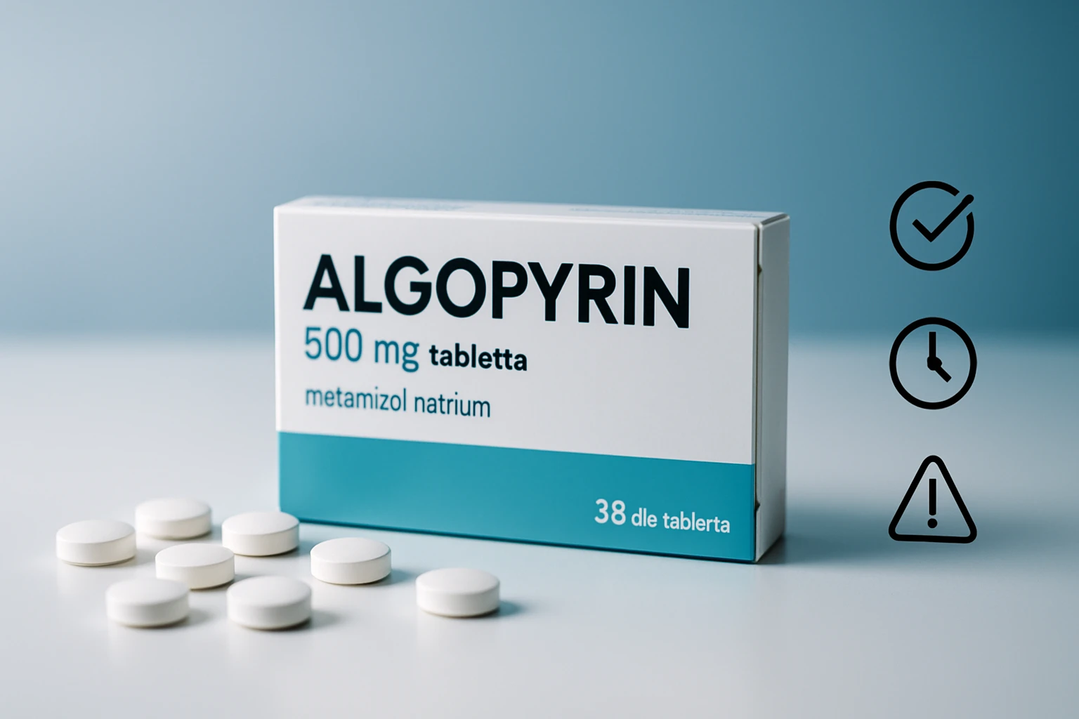 Egy doboz Algopyrin 500 mg tabletta, mellette fehér tabletták láthatók.