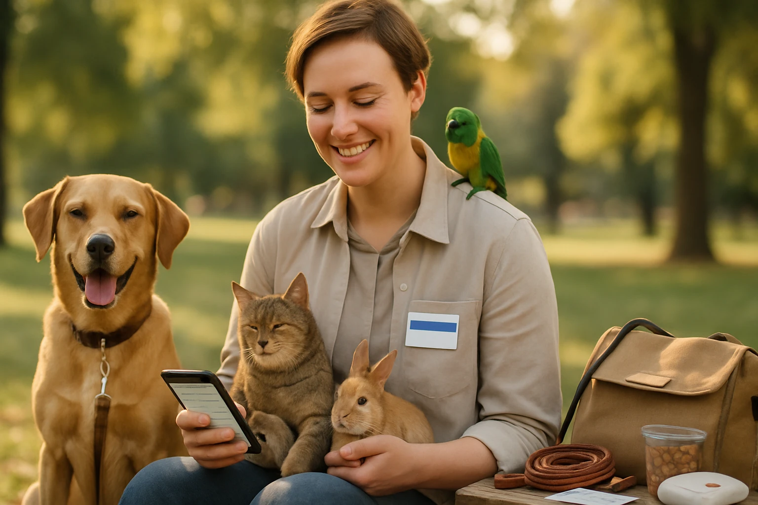 Egy nő mosolyogva ül a parkban, kutyával, macskával, nyúllal és papagájjal.