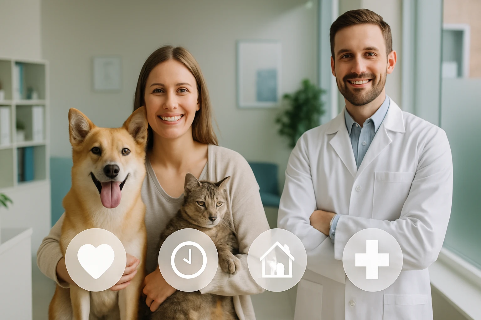 Egy nő kutyával és macskával áll egy állatorvosi rendelőben, mosolyogva.