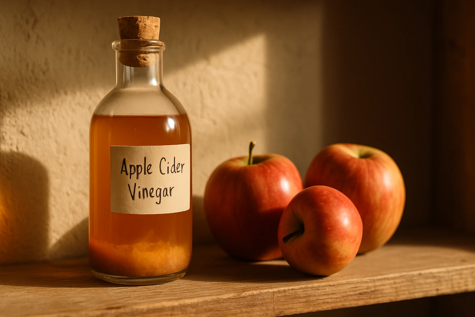 Egy üveg almaecet, mellette három piros alma egy fából készült polcon.