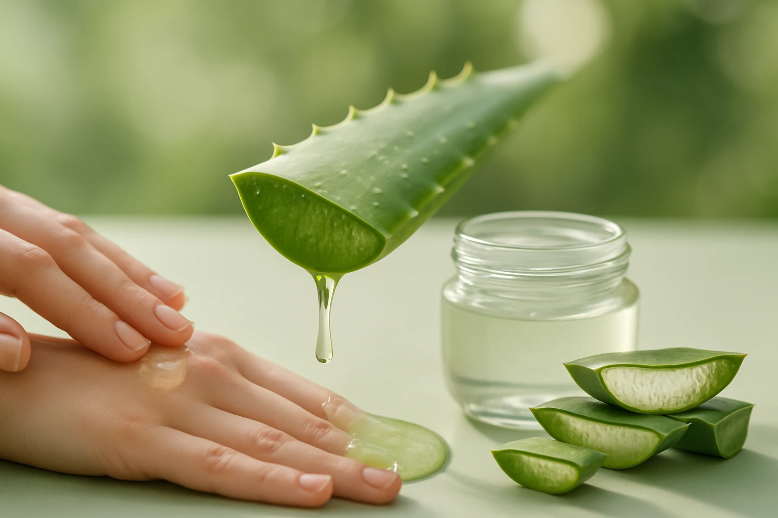 Egy kéz aloe vera géllel van megkenve, miközben egy levélből csepeg a friss gél.