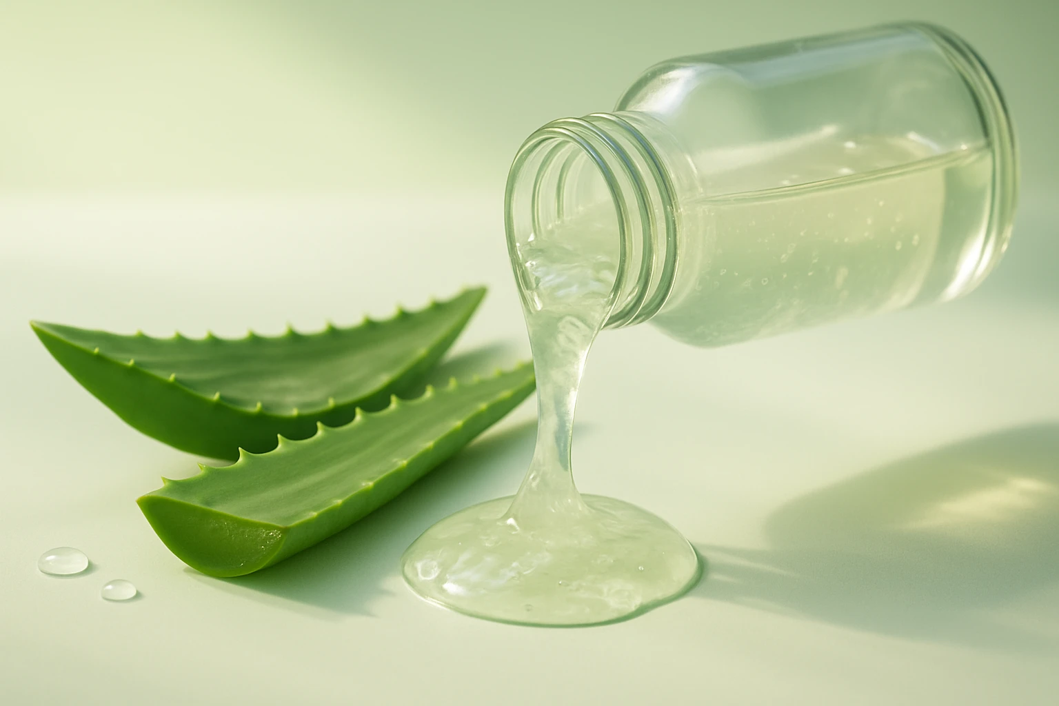 Egy üveg aloe vera gél ömlik ki, mellette friss aloe vera levelek láthatók.